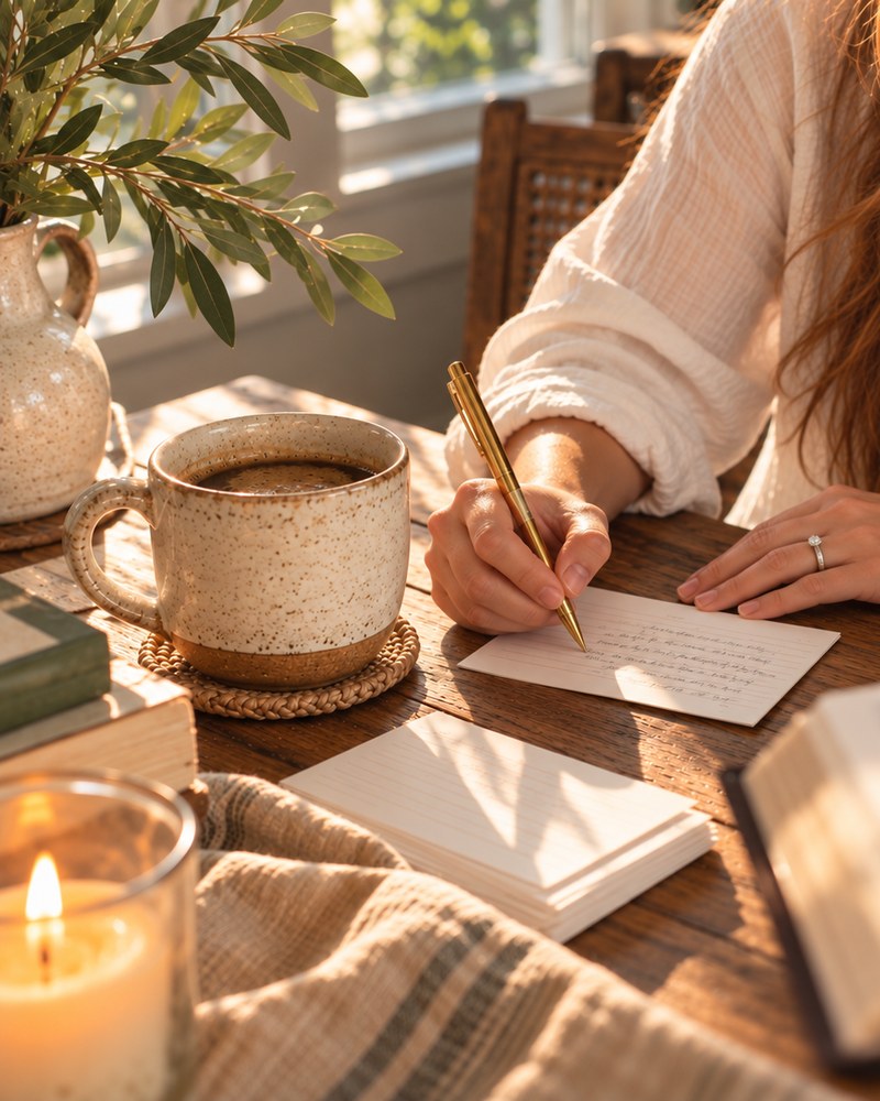 A mama's hands writing on an index card with a gold pen at a sunlit wooden table, beside a mug of coffee, a stack of blank cards, and a lit candle